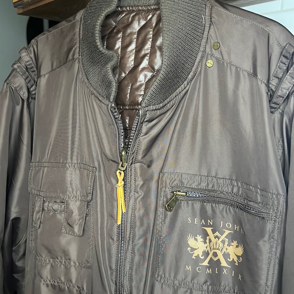 Sean John Mens Sz L Puffer Coat Reversible Brown Quilted Zip Up Jacket